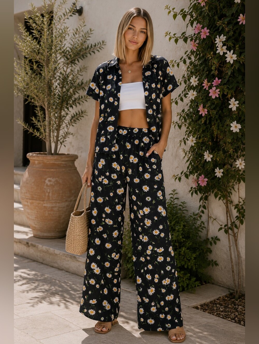 Vintage Sunflower SET button Down Shirt And Flowy Wide Leg Rayon Pants Small S